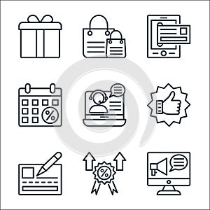 Shopping line icons line icons. linear set. quality vector line set such as online marketing, discount, bank check, feedback,