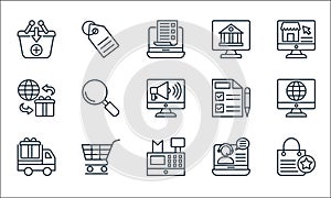 Shopping line icons line icons. linear set. quality vector line set such as shopping bag, cash register, delivery truck, online