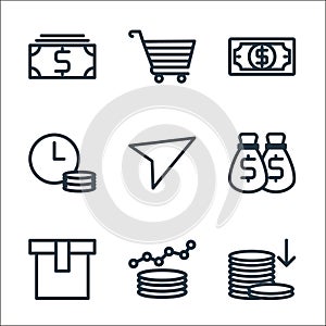 shopping line icons. linear set. quality vector line set such as down, profit, gift, money bag, send, time is money, dollars, cart
