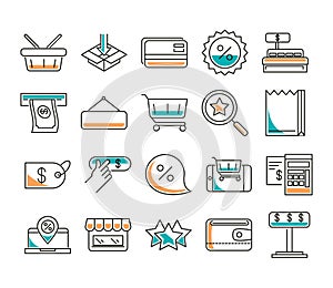 Shopping line style icon set vector design