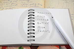 Shopping list for cooking by recipe. Handwritten natural realistic food check memo list