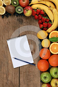 Shopping list and fresh fruits