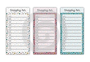 Shopping list page. Vector set of colorful printable organizers for customer. Blank personal planner of purchases. Funny doodle