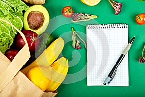 Shopping list, recipe book, diet plan. Grocering concept