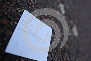 Shopping list on a small piece of paper on the ground, wet and discarded. Concepts of shops closing and small businesses failing