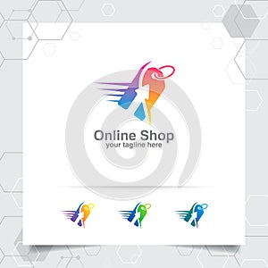 Shopping logo design vector concept of price tag icon and arrow symbol for online shop, marketplace, e-commerce, and online store