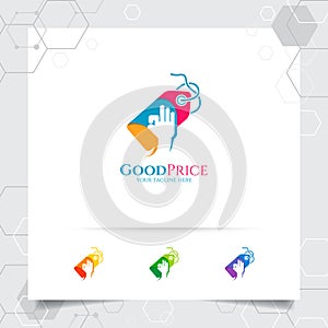 Shopping logo design vector concept of price tag icon and good hand symbol for online shop, marketplace, e-commerce, and online