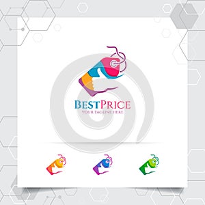 Shopping logo design vector concept of price tag icon and thumbs up symbol for online shop, marketplace, e-commerce, and online