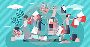 Shopping madness crowd flat tiny persons concept vector illustration