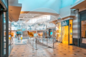 Shopping mall building blurred background. People shopping in modern commercial mall center. Interior of retail centre store in