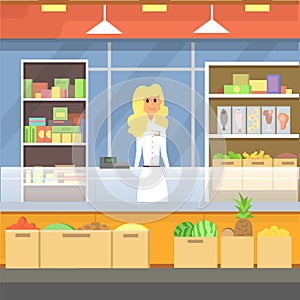 Shopping in a mall cartoon illustration. Peopple in Centre vector. Food market. photo