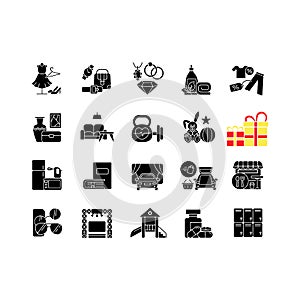 Shopping mall categories black glyph icons set on white space
