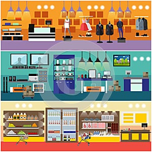 Shopping in a mall concept vector banner. Consumer electronics store Interior. Products in food supermarket