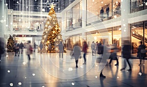 A shopping mall decorated for christmas with a large illuminated Christmas tree and busy shoppers