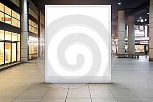 Shopping mall with empty white mockup billboard with copy space area