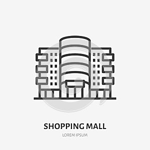 Shopping mall flat line icon. Vector thin sign of shop, store, commercial building rent logo. Supermarket exterior