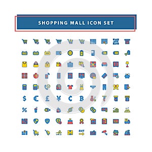 Shopping and mall icon set with filled outline style design