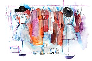 Shopping mall store clothes exhibition clothing display garment rack watercolor