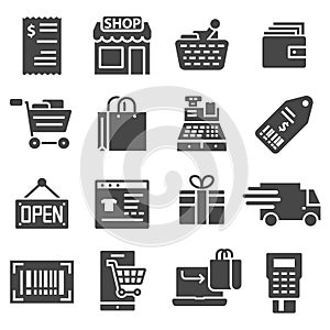 Shopping malls, retail icons set