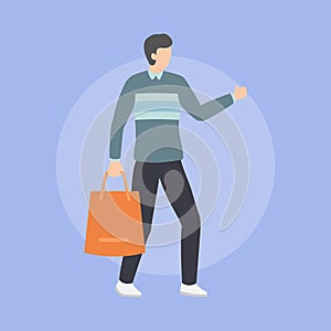 Shopping man with hand bag single isolated with flat style