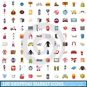 100 shopping market icons set, cartoon style