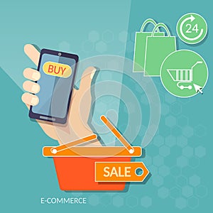 Shopping mobile man holding smart phone online store web market