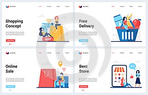 Shopping with mobile shop app, online order, free delivery concept landing page set