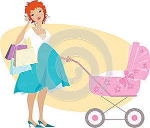 Shopping mother and baby carriage