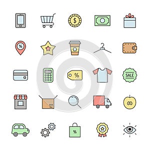 Shopping multicolored icon set. Simple outline design.