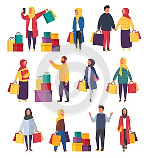 Shopping muslim women with bags. Vector sale illustration