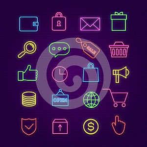 Shopping neon icons. E-commerce, trade colorful signs with glow effects. Store cart, money, box and sale badge vector