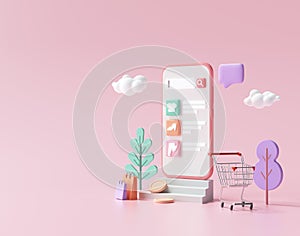 Shopping online application on smartphone, online mobile shopping and delivery for web page template. 3d render illustration