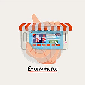 Shopping online business conceptual. hand holding smartphone as online shop. online shopping. e-commerce concept - vector