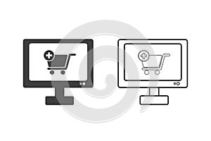 Shopping online on computer icons flat design or Shopping online on computer icons. 2 style of shopping online on computer