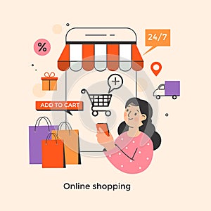 Shopping online concept illustration with mobile phone, happy woman and internet shop application