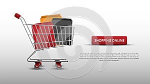 Shopping online concept, shopping cart and bags isolated