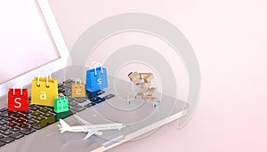 Shopping online Concept Shopping online Concept package delivery and planes with laptop on red