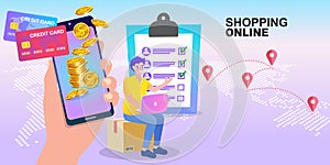 Shopping online concept. Young man receiving parcel from delivery man indoors. Stay at home. Vector illustration in flat style.