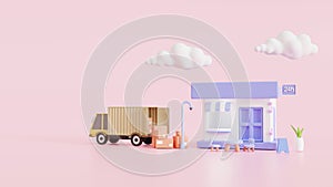 Shopping Online delivery logistics concept. Delivery home and office. Warehouse, Truck, Delivery application 3d render