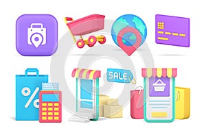 Shopping online global retail shop store order purchase sale discount payment set 3d icon vector