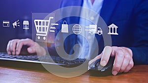 Shopping Online. hand online shopping on laptop computer with virtual graphic icon diagram, payment online, digital marketing,