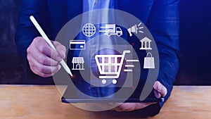 Shopping Online. hand online shopping on laptop computer with virtual graphic icon diagram, payment online, digital marketing,