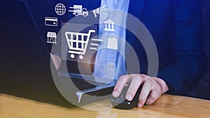 Shopping Online. hand online shopping on laptop computer with virtual graphic icon diagram, payment online, digital marketing,