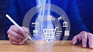 Shopping Online. hand touching online shopping with virtual graphic icon diagram, payment online, digital marketing, business