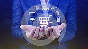 Shopping Online. hand touching online shopping with virtual graphic icon diagram, payment online, digital marketing, business