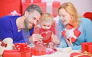 Shopping online. Happy loving couple. Happy family with present box. Love and trust in family. Bearded man and woman