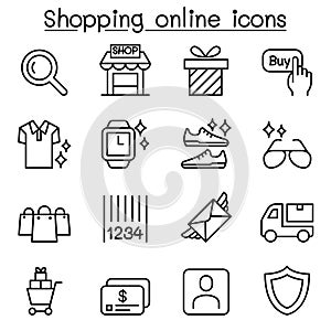 Shopping online icon set in thin line style