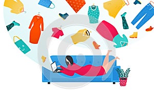 Shopping online in internet vector illustration. Woman thinks about purchasing through internet lying on sofa with
