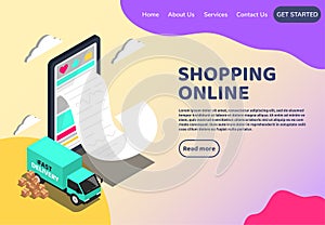 Shopping Online isometric web concept. Big smartphone digital marketing and e-commerce with Huge bill. Supermarket in device