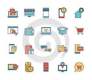 Shopping online line and fill style icon set vector design